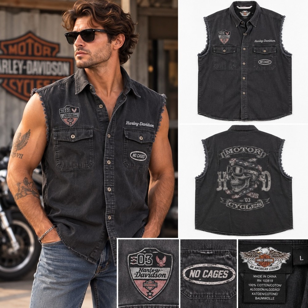 Harley Davidson Men's Large Sleeveless Shirt Black Skull Biker Distressed 03